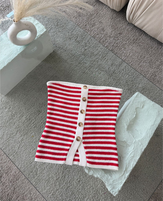 BLUSA STRAPLESS TEJIDA RAYAS ROJO Y BLANCO