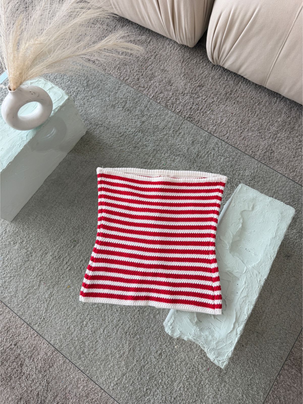 BLUSA STRAPLESS TEJIDA RAYAS ROJO Y BLANCO