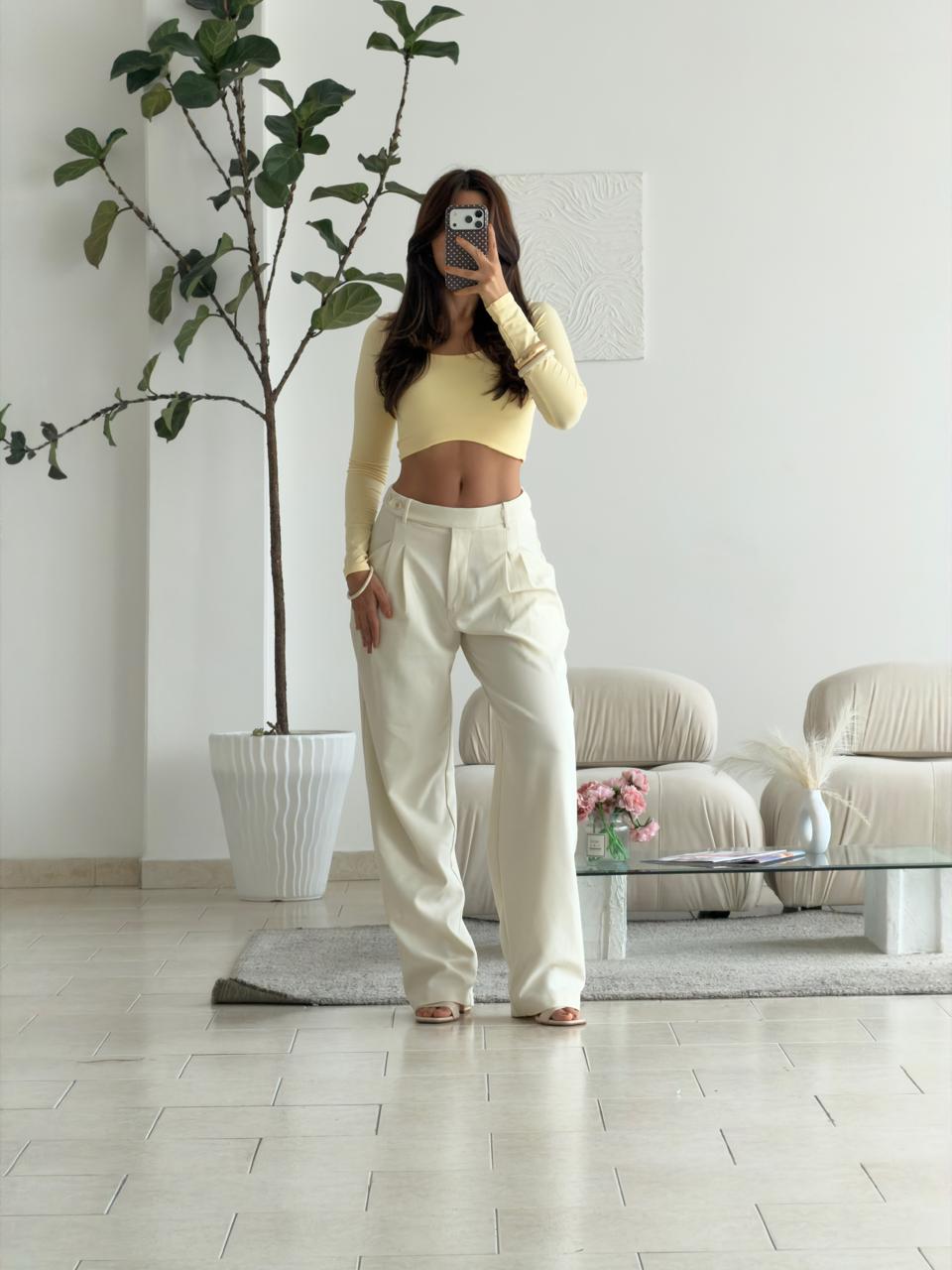 CROP TOP MANGA LARGA EN TELA DOBLE AMARILLO