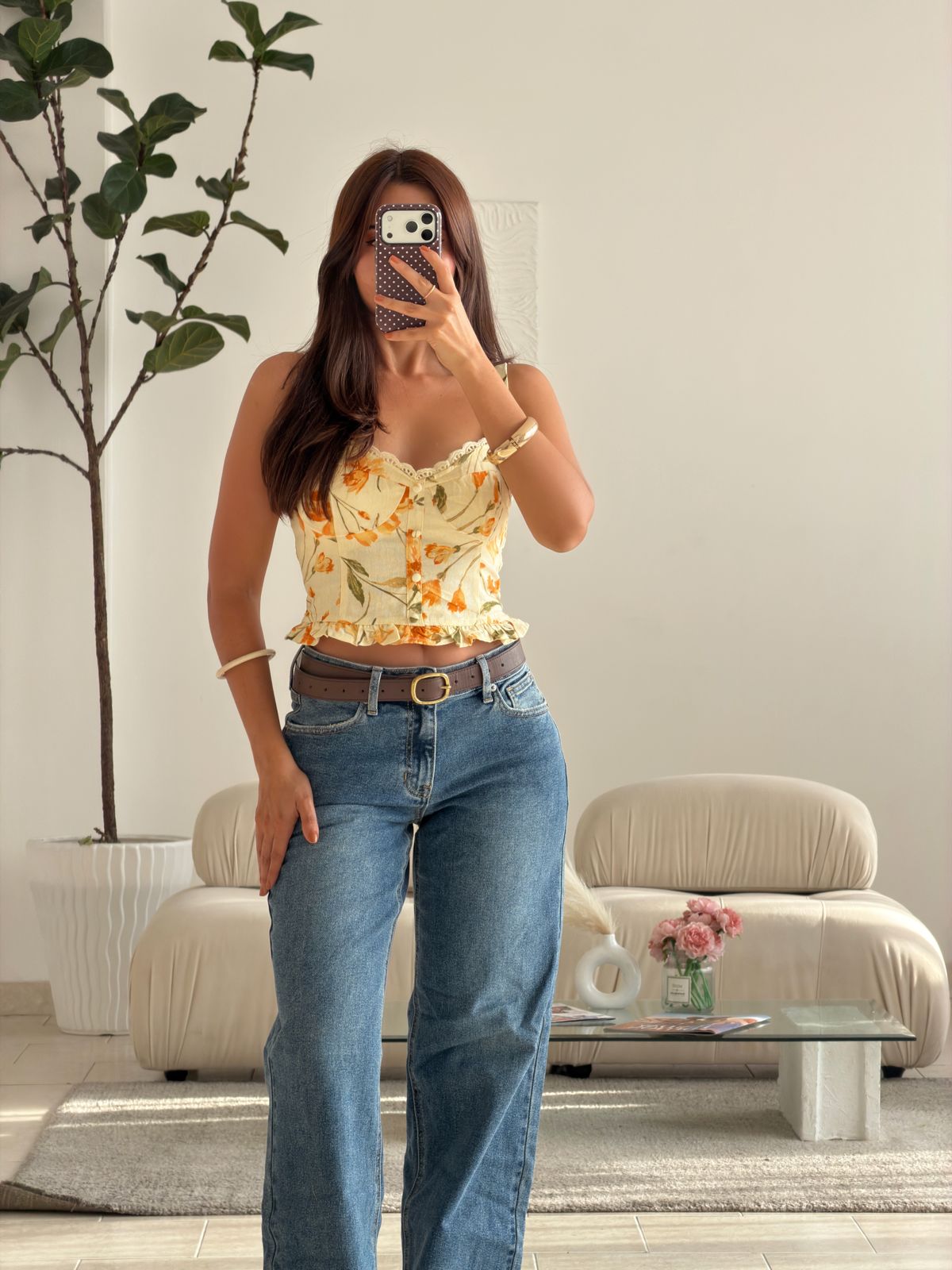 CROP TOP BOTONES FLORAL AMARILLO