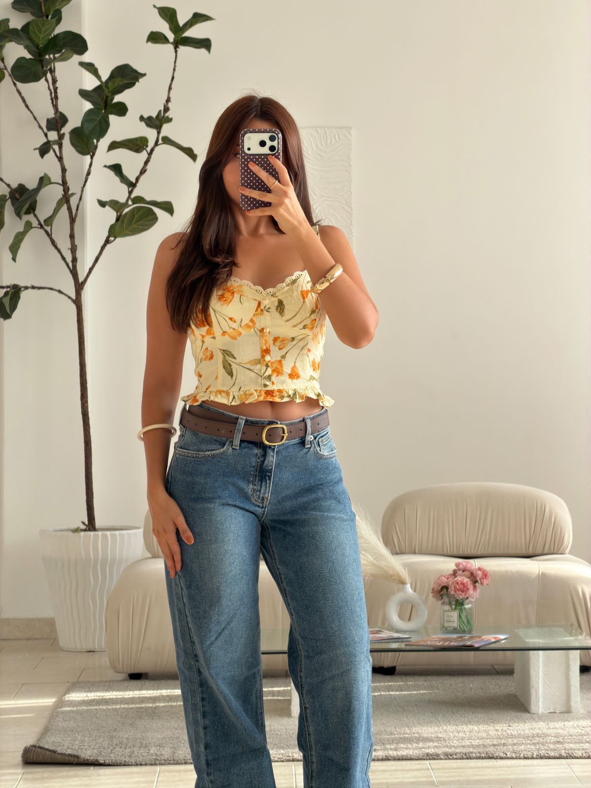 CROP TOP BOTONES FLORAL AMARILLO