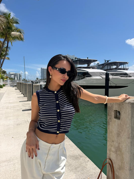 BLUSA CHALECO TEJIDO RAYAS AZUL Y BLANCO