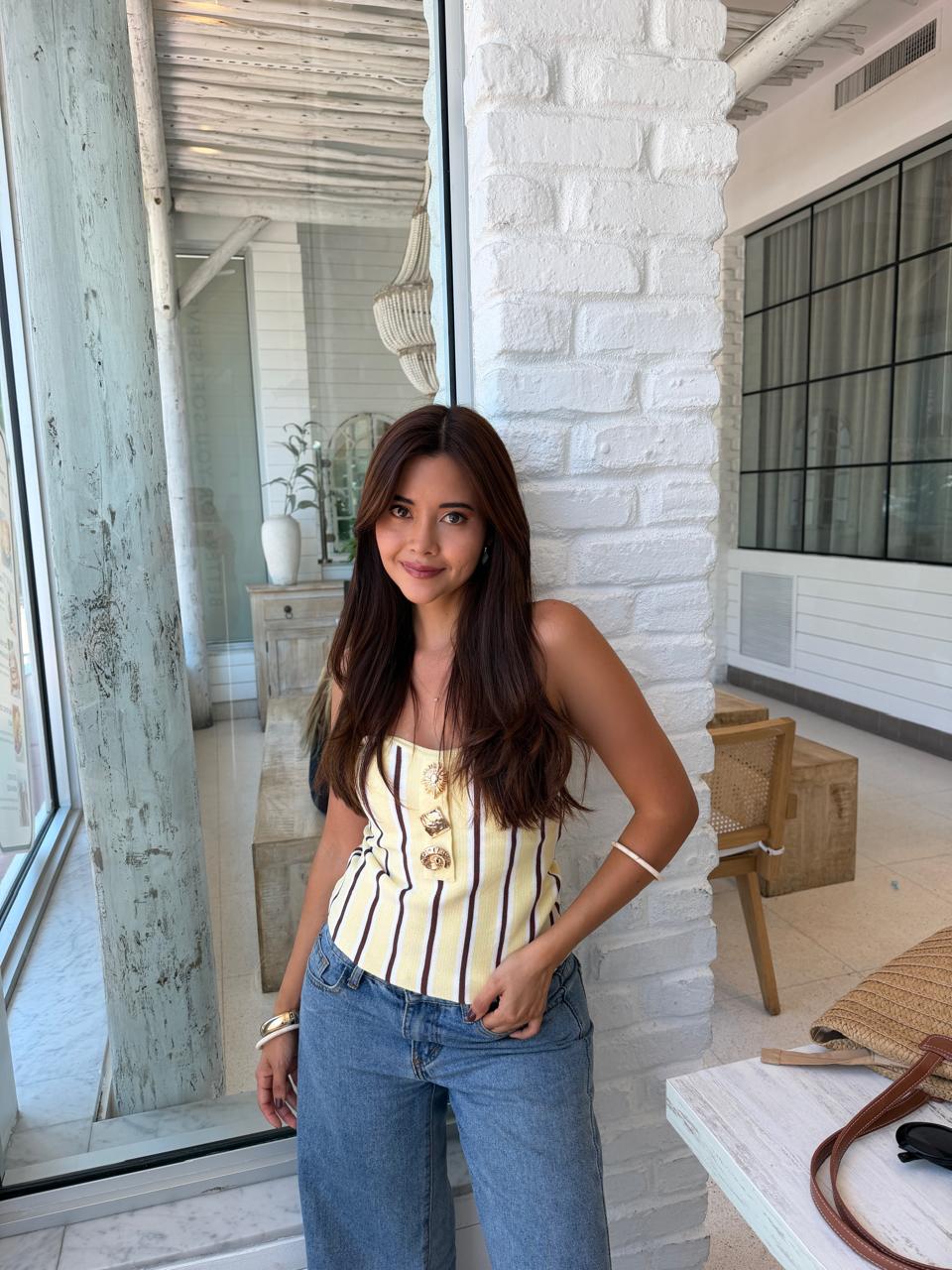 BLUSA STRAPLESS TEJIDA RAYAS AMARILLO Y CAFÉ