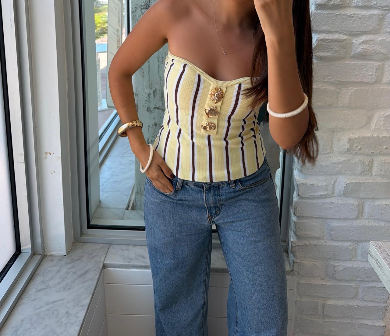 BLUSA STRAPLESS TEJIDA RAYAS AMARILLO Y CAFÉ