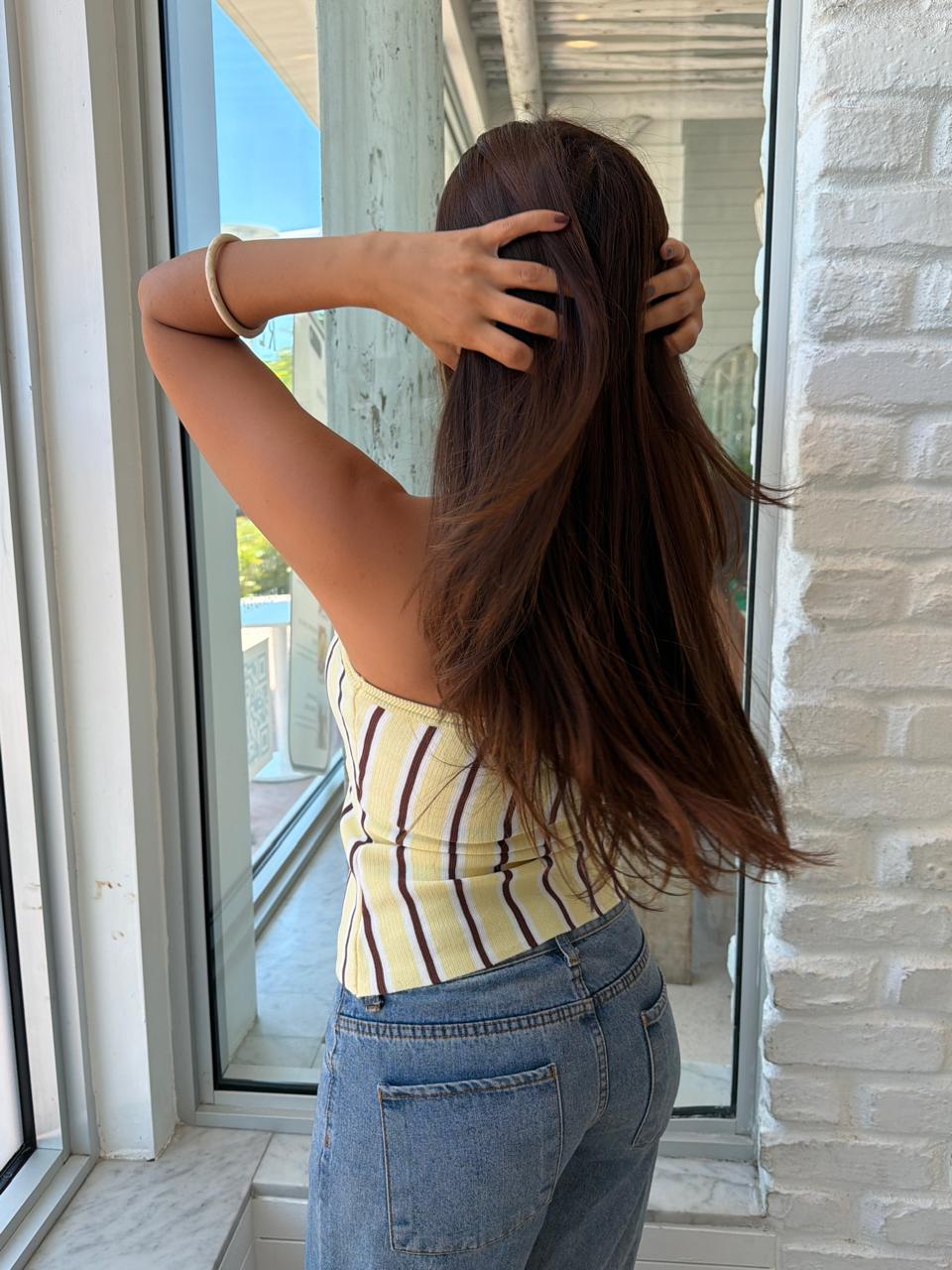 BLUSA STRAPLESS TEJIDA RAYAS AMARILLO Y CAFÉ