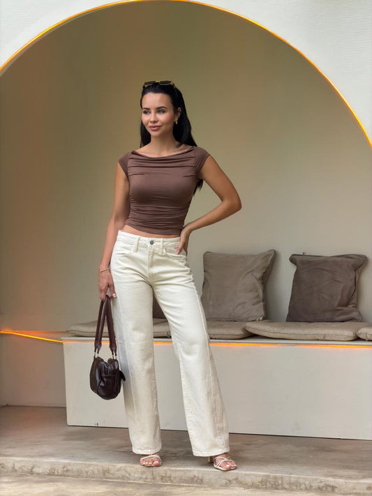 BLUSA EN TELA DOBLE PLIEGUES MOCHA