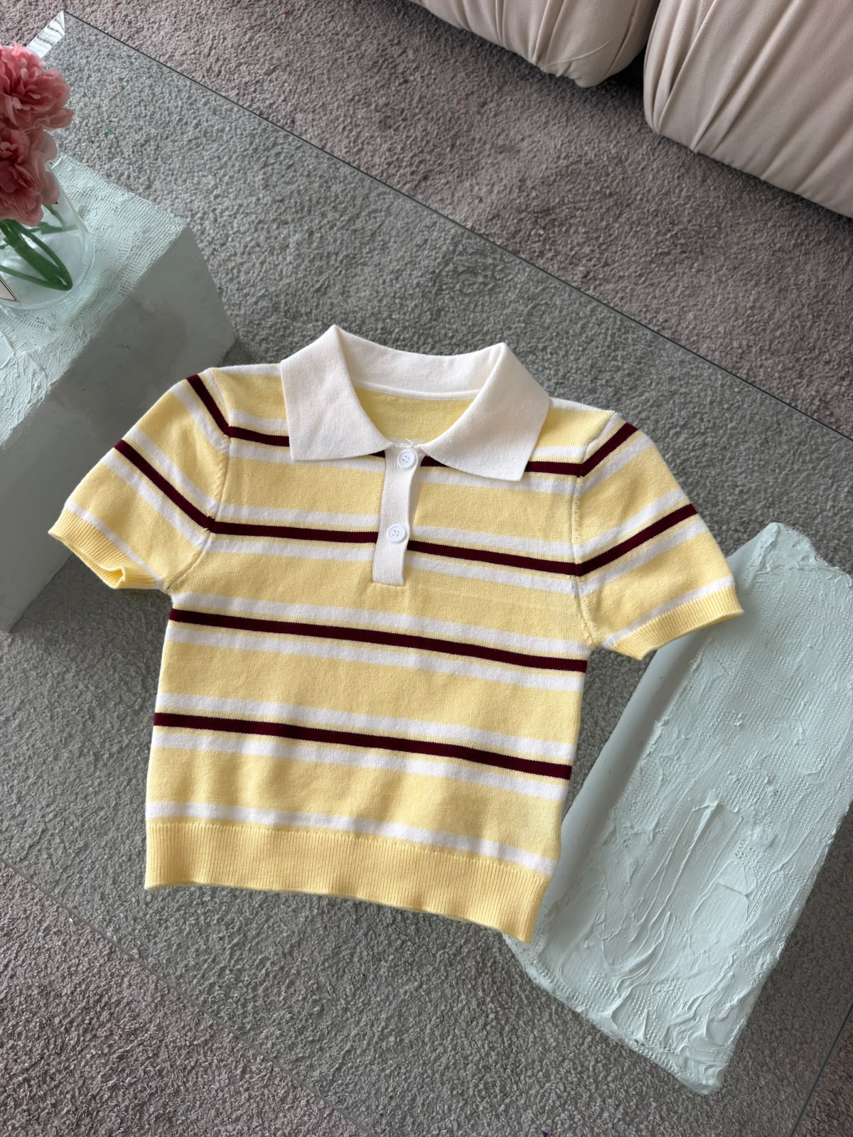 CROP TOP POLO TEJIDO RAYAS AMARILLO Y CAFÉ
