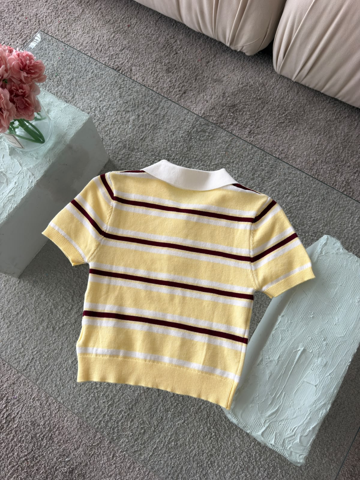 CROP TOP POLO TEJIDO RAYAS AMARILLO Y CAFÉ