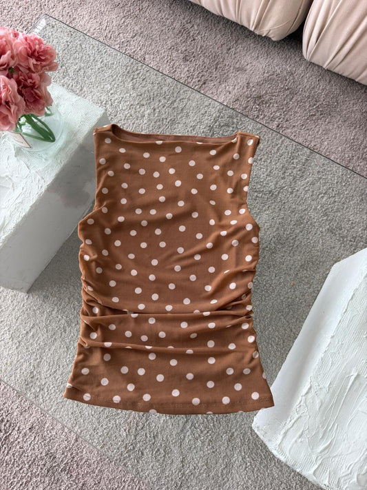 BLUSA MESH FRUNCIDA POLKA DOT FONDO CAFÉ