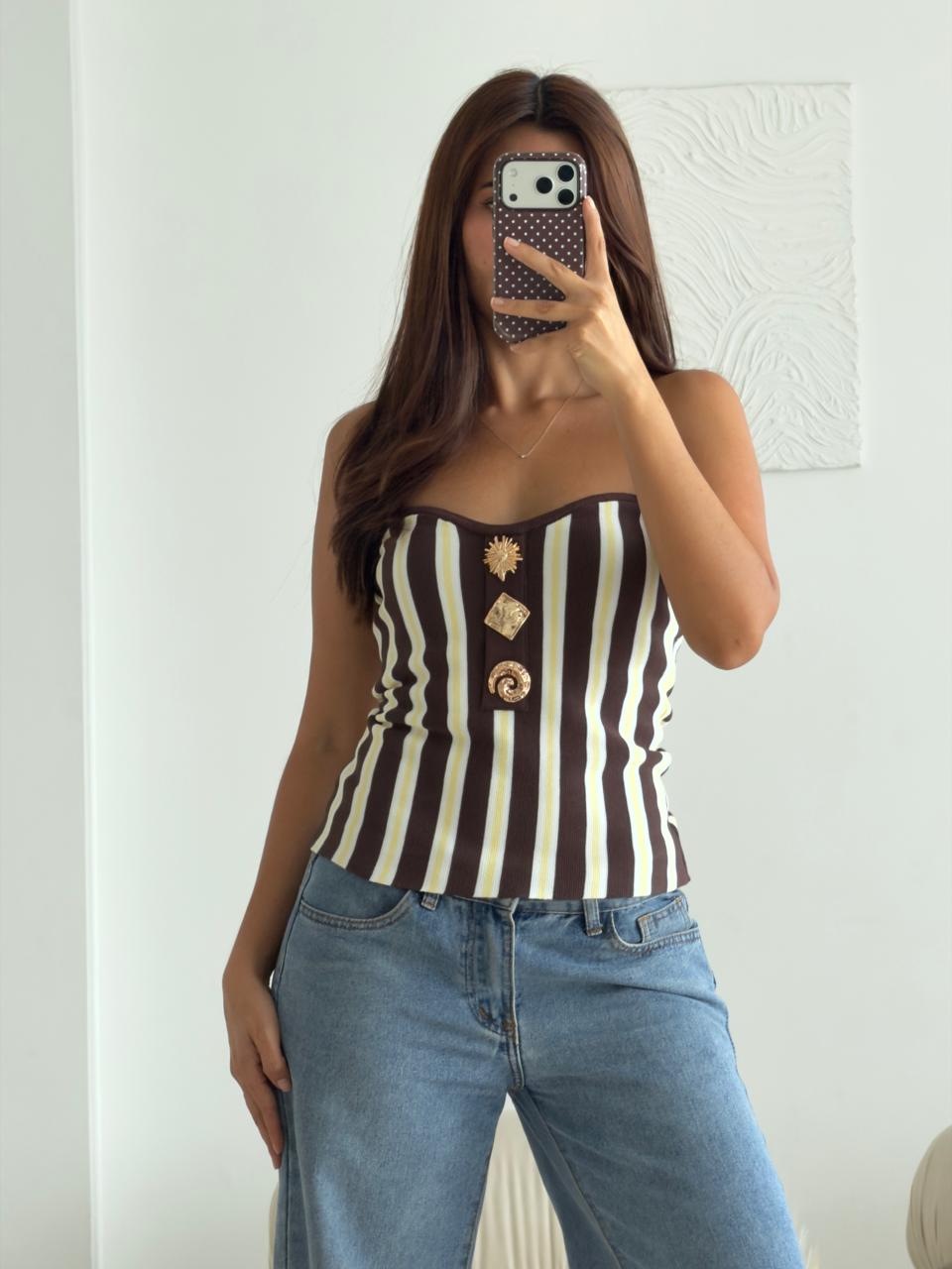 BLUSA STRAPLESS TEJIDA RAYAS CAFÉ Y BLANCO