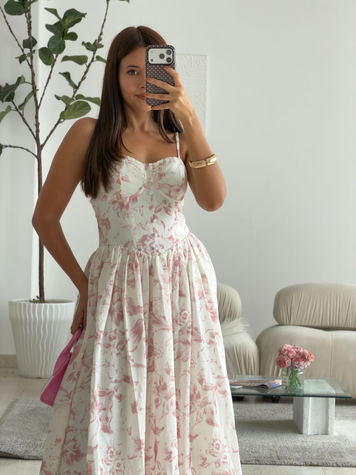 VESTIDO CORSET LARGO FLORAL ROSA