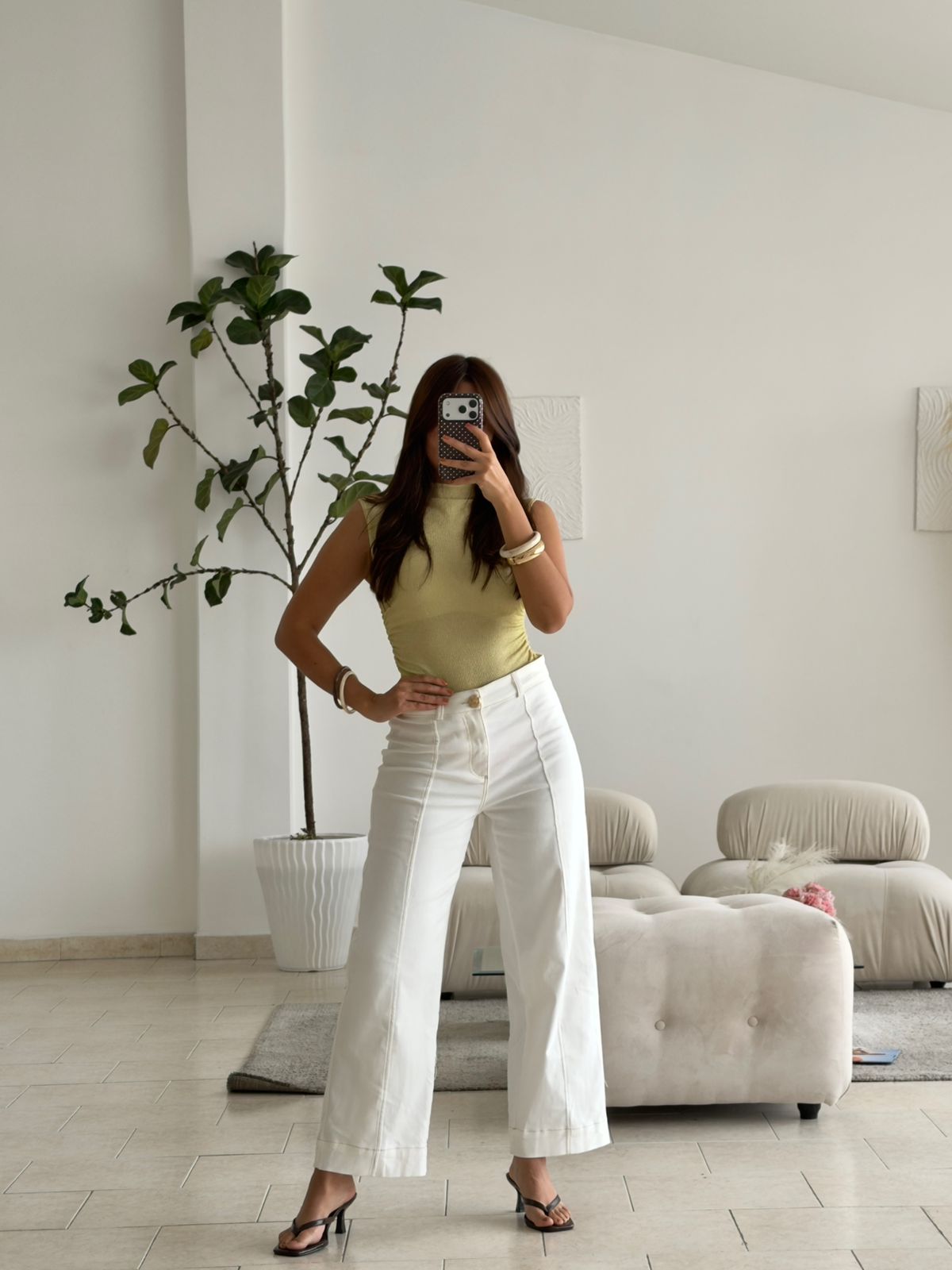 PANTALON CULOTTE BLANCO COSTURAS CAFÉ