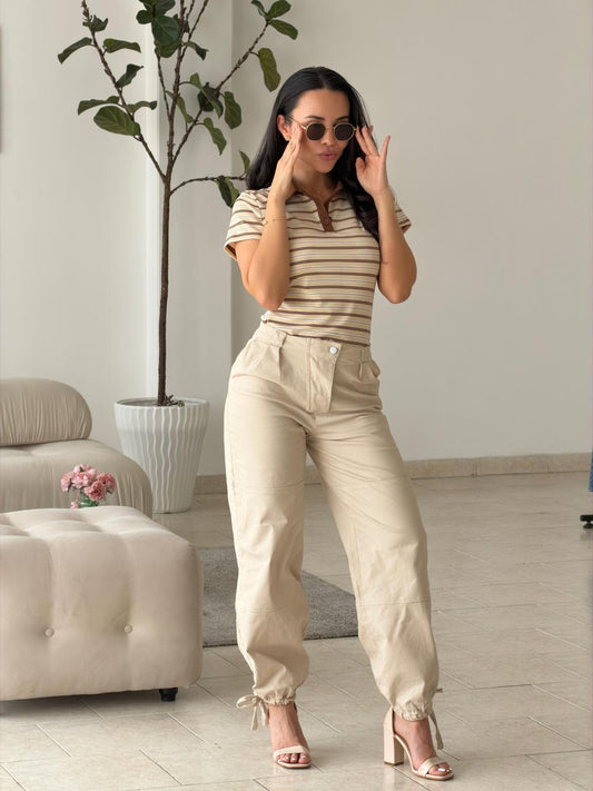 BLUSA POLO RAYAS BEIGE Y CAFÉ