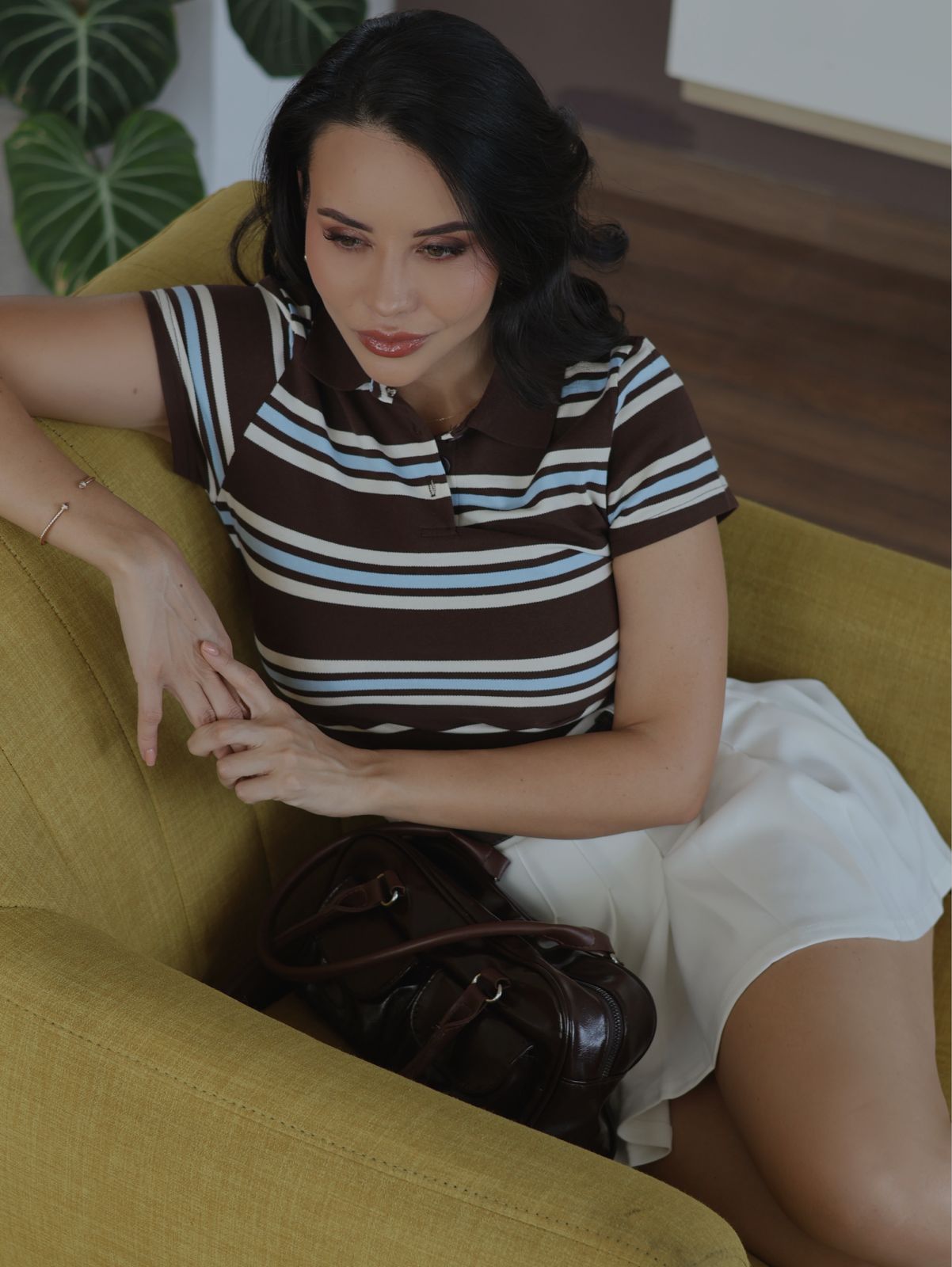 CROP TOP POLO RAYAS RETRO CAFÉ-AZUL