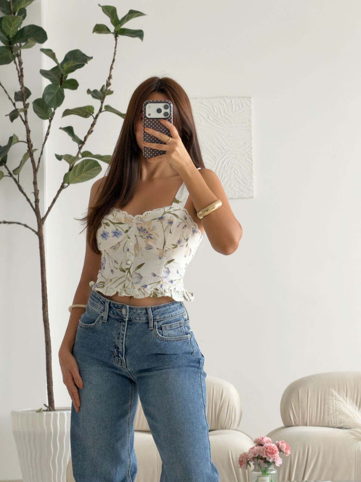 CROP TOP BOTONES FLORAL AZUL