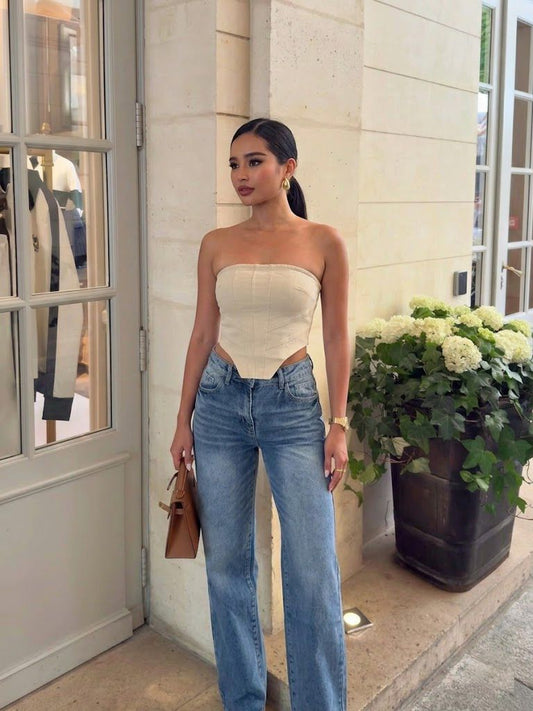 CORSET DENIM STRAPLESS CAQUI