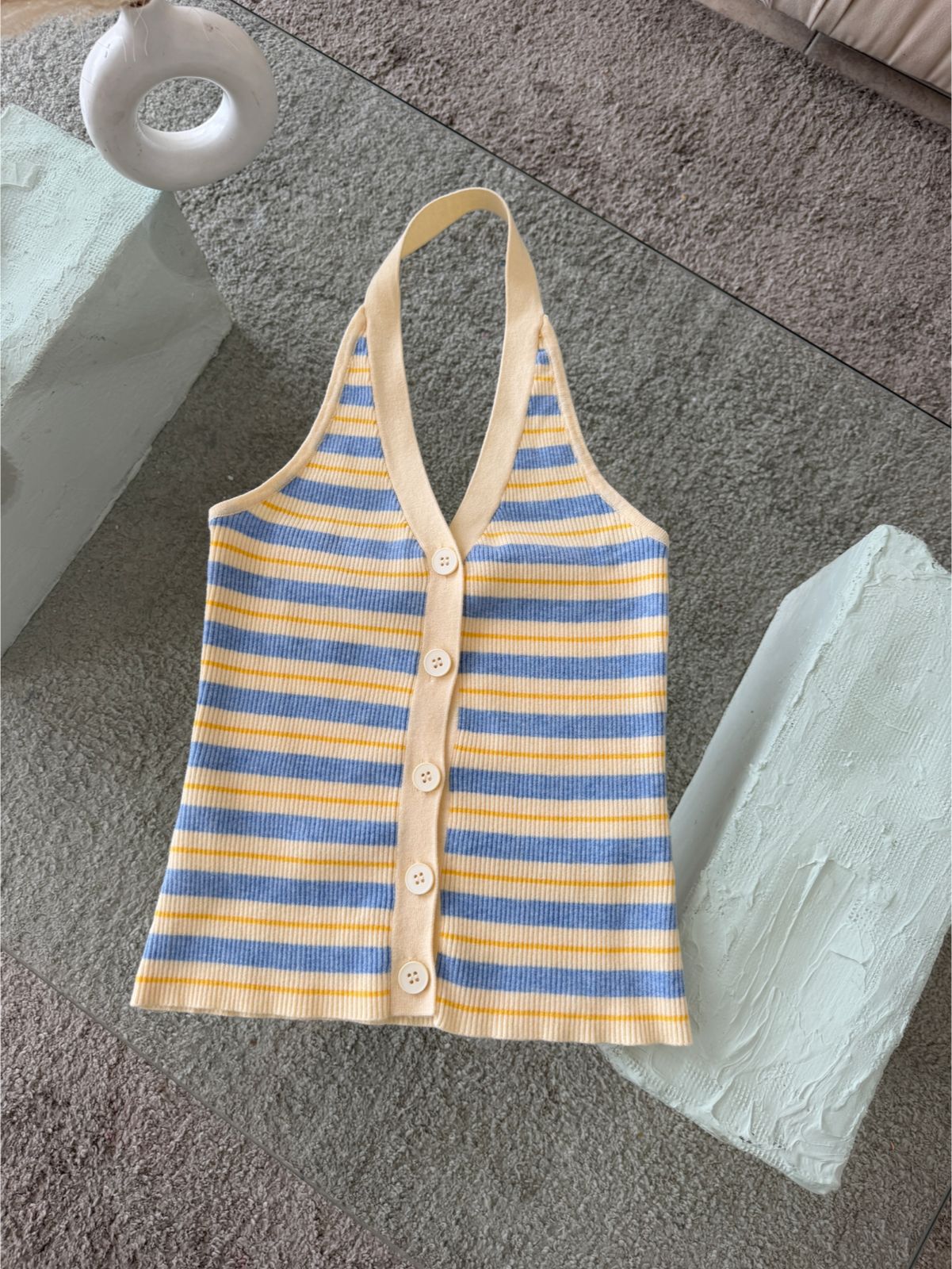 BLUSA TEJIDA HALTER RAYAS AZUL Y AMARILLO PASTEL