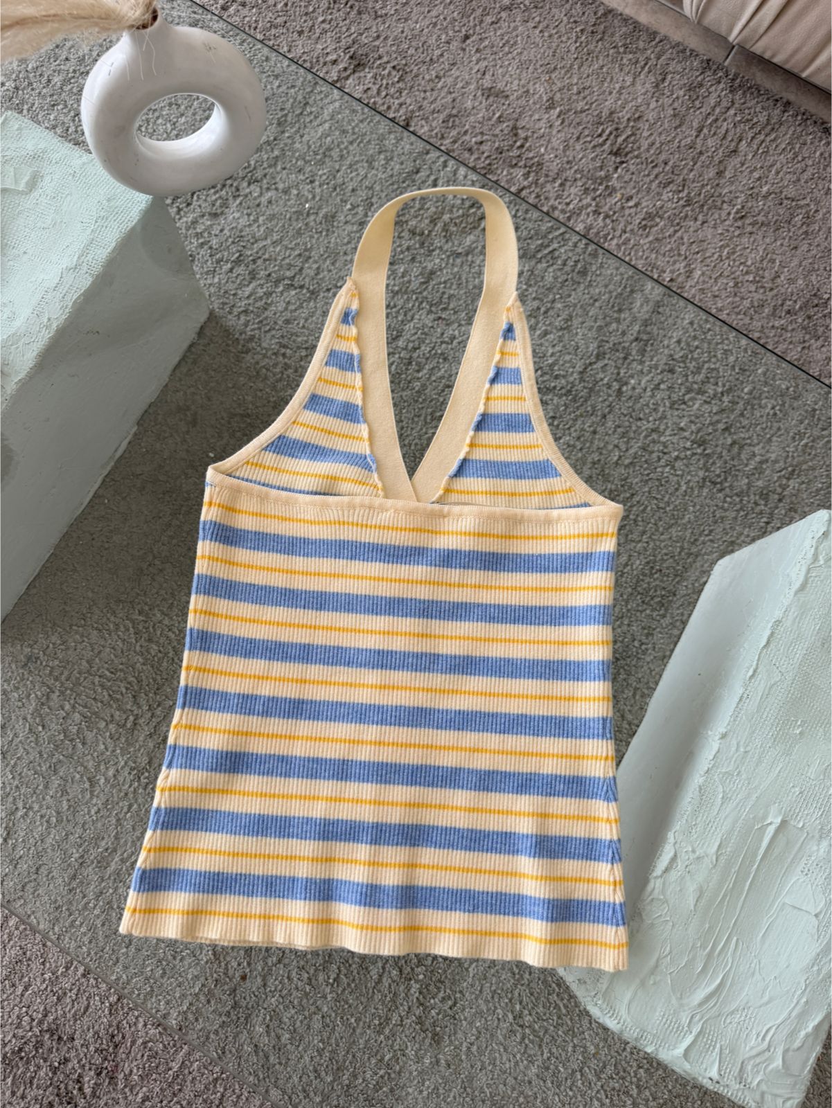 BLUSA TEJIDA HALTER RAYAS AZUL Y AMARILLO PASTEL