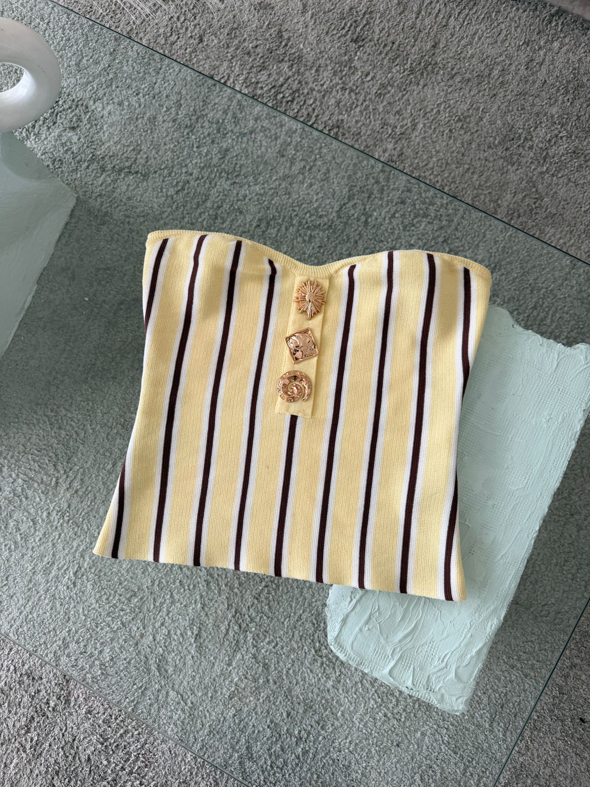 BLUSA STRAPLESS TEJIDA RAYAS AMARILLO Y CAFÉ
