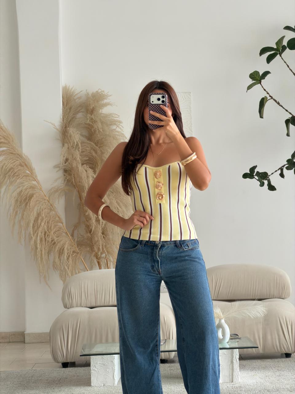 BLUSA STRAPLESS TEJIDA RAYAS AMARILLO Y CAFÉ