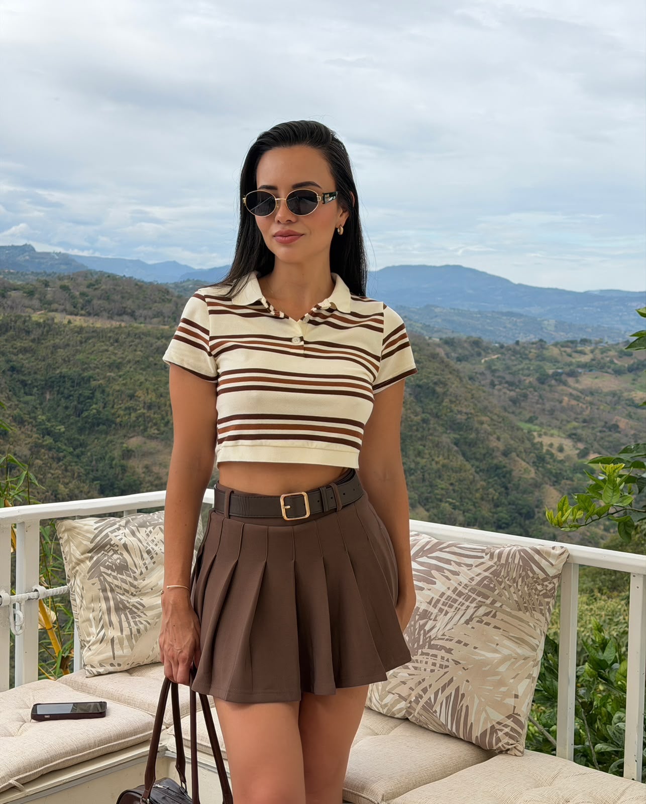CROP TOP POLO RAYAS RETRO CREMA-CAFÉ